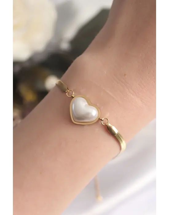 316L Çelik Gold Renk Bombeli Kalp Kadın Bileklik