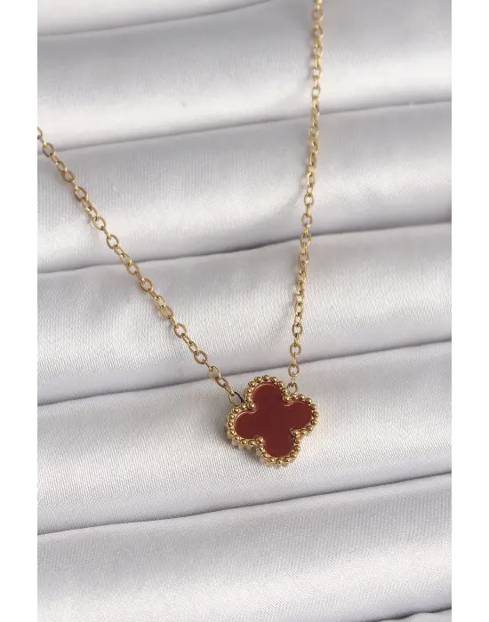 316L Çelik Gold Renk Bordo Yonca Model Kadın Kolye