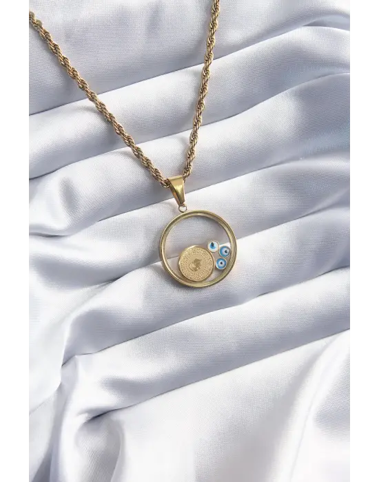  Altın  Burgu Model Altın Figür Nazar Boncuk Detay  Çelik Kolye