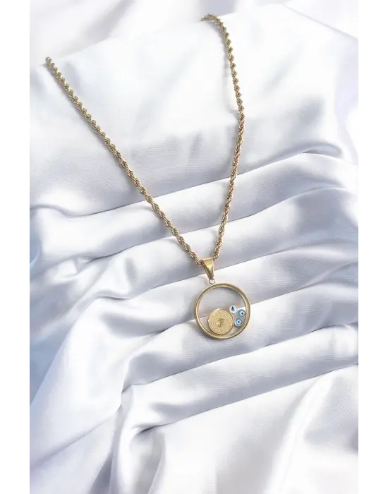  Altın  Burgu Model Altın Figür Nazar Boncuk Detay  Çelik Kolye