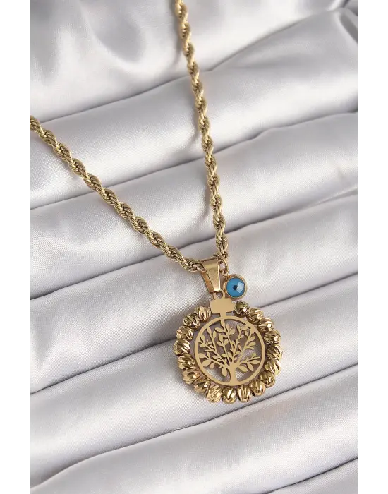  Altın  Burgu Zincir Dorika Yaşam Ağacı Figür Nazar Boncuk Detay  Çelik Kolye