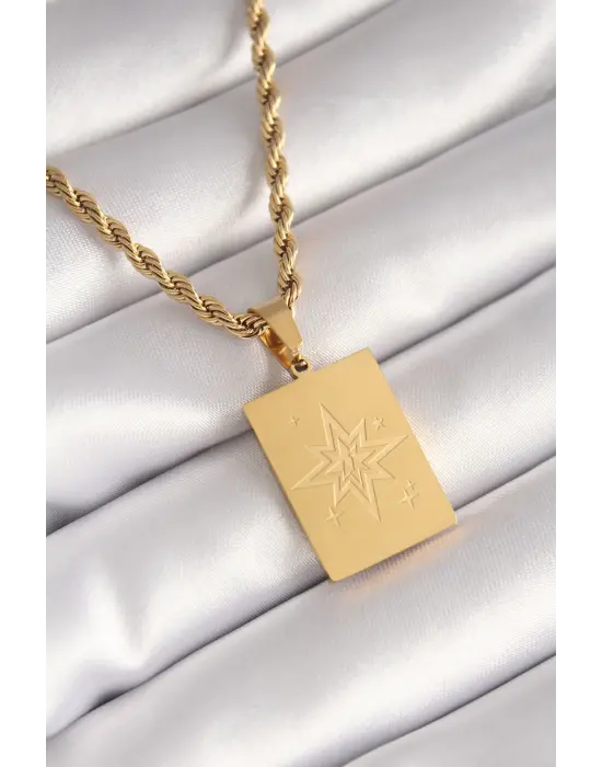  Altın  Burgu Zincir Kutup Yıldızı İşleme Plaka Figür  Çelik Kolye