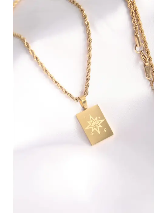  Altın  Burgu Zincir Kutup Yıldızı İşleme Plaka Figür  Çelik Kolye