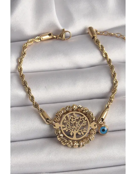 316L Çelik Gold Renk Burgu Zincir Model Dorika Yaşam Ağacı Figür Nazar Boncuk Detay Kadın Bileklik