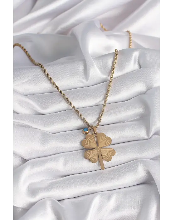  Altın  Burgu Zincir Model Yonca Figür Nazar Boncuk Detay  Çelik Kolye