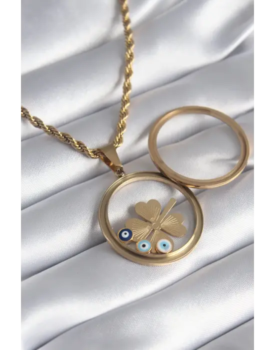  Altın  Burgu Zincir Yonca Figür Açılabilir Fanus Model  Çelik Kolye