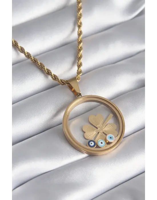  Altın  Burgu Zincir Yonca Figür Açılabilir Fanus Model  Çelik Kolye