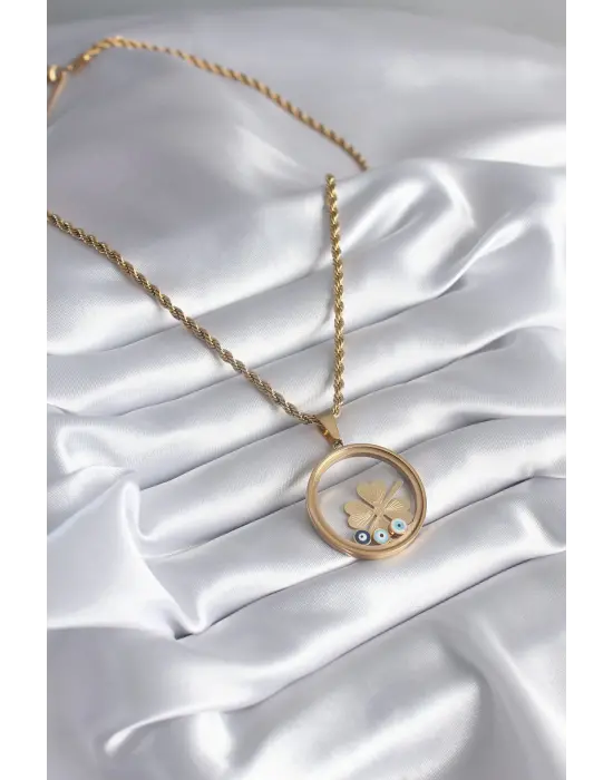  Altın  Burgu Zincir Yonca Figür Açılabilir Fanus Model  Çelik Kolye