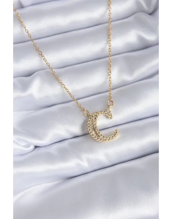 Altın  C Harf Model Zirkon Taşlı  Çelik Kolye