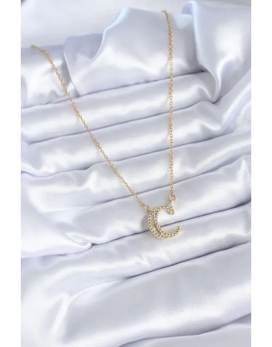  Altın  C Harf Model Zirkon Taşlı  Çelik Kolye