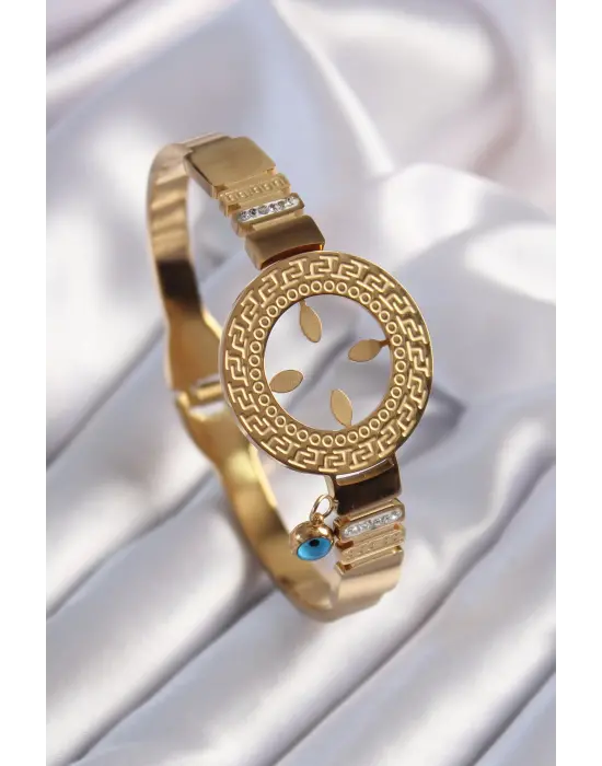 316L Çelik Gold Renk Çeyrek Altın Takılabilen Zirkon Taş İşleme Detay Kadın Bileklik