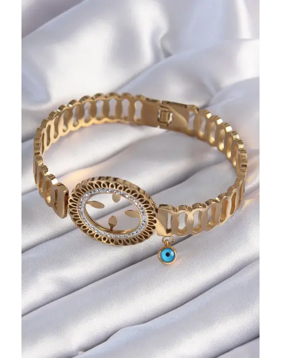 316L Çelik Gold Renk Çeyrek Altın Takılabilen Zirkon Taş İşleme Detay Kadın Bileklik