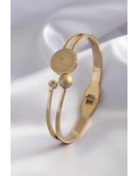 316L Çelik Gold Renk Çeyrek Altın Zirkon Taş Detay Kadın Kelepçe