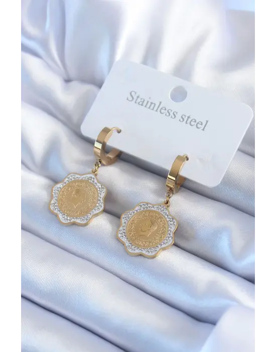   Altın Çeyrek Model Zirkon Taş Detay Çelik Küpe