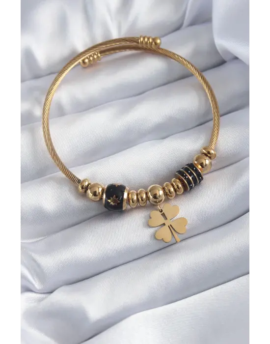 316L Çelik Gold Renk Charm Model Yonca Figür Zirkon Taş Detay Kadın Bileklik