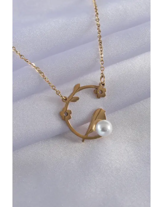  Altın  Çiçek Figür İnci Detay  Çelik Kolye