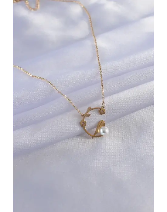  Altın  Çiçek Figür İnci Detay  Çelik Kolye