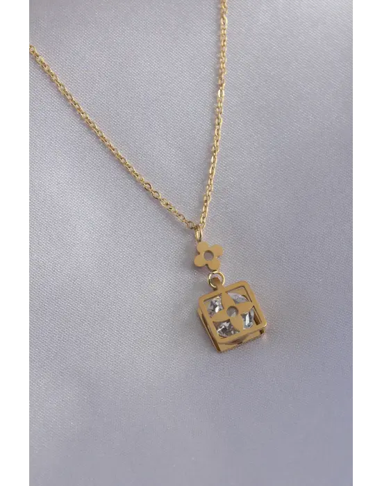 316L Çelik Gold Renk Çiçek Figür Zirkon Taş Detay Kadın Kolye