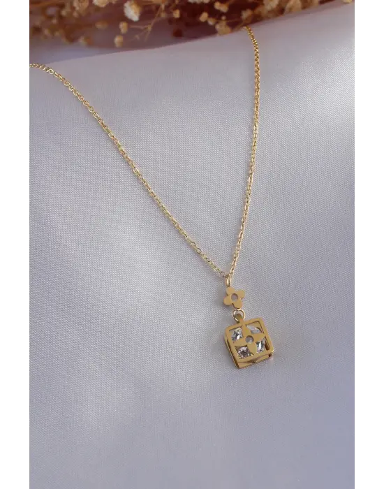 316L Çelik Gold Renk Çiçek Figür Zirkon Taş Detay Kadın Kolye