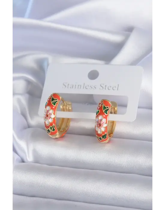   Altın Çiçek İşleme Turuncu Çelik Küpe