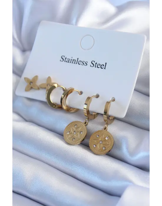   Altın Çiçek İşleme Zirkon Taş Detay Çelik Küpe Seti