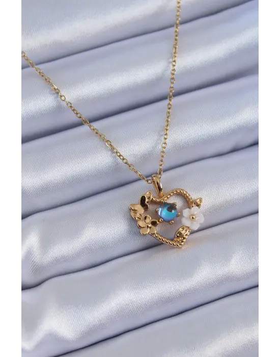  Altın  Çiçek Kalp Model Nazar Boncuk Detay  Çelik Kolye