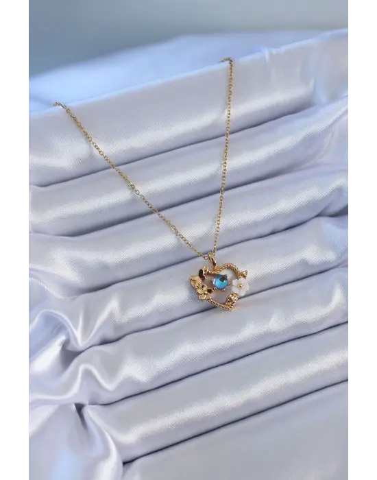  Altın  Çiçek Kalp Model Nazar Boncuk Detay  Çelik Kolye