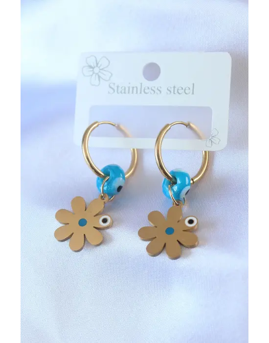   Altın Çiçek Model Nazar Boncuk Detay Çelik Küpe