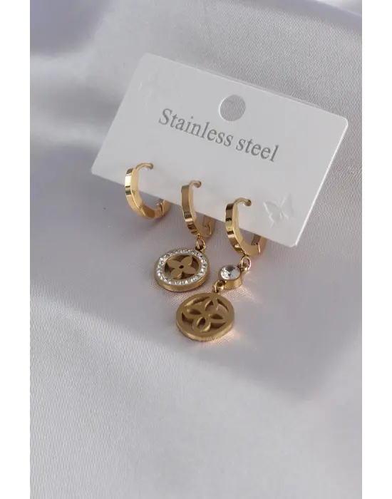 316L Çelik Gold Renk Çiçek Model Zirkon Taş Detay Kadın Küpe Kombini