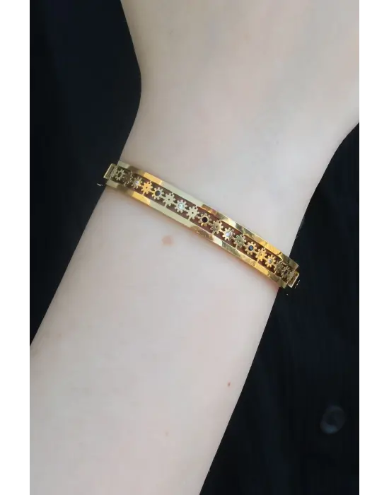 316L Çelik Gold Renk Çiçek Model Zirkon Taşlı Kadın Kelepçe