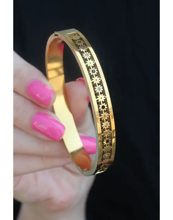 316L Çelik Gold Renk Çiçek Model Zirkon Taşlı Kadın Kelepçe