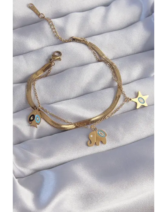 316L Çelik Gold Renk Çift Zincir Çoklu Aksesuarlı Bileklik