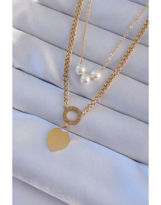  Altın  Çift Zincir İnci Detayı Love Kalp Çelik Kolye
