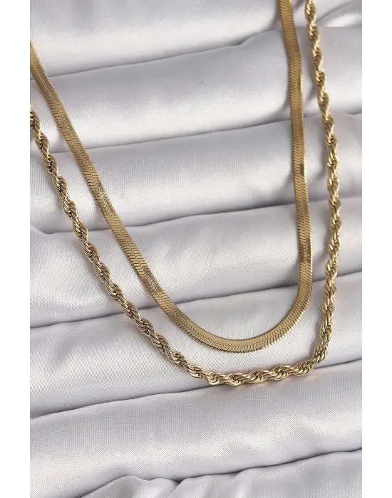  Altın  Çift Zincir İtalyan&Burgu Zincir Model  Çelik Kolye