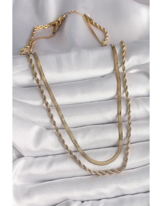  Altın  Çift Zincir İtalyan&Burgu Zincir Model  Çelik Kolye