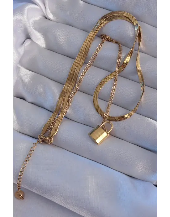  Altın  Çift Zincir Kilit Model Çelik Kolye