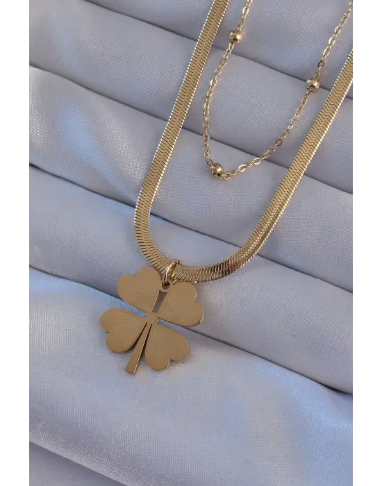  Altın  Çift Zincir Yonca Model Çelik Kolye