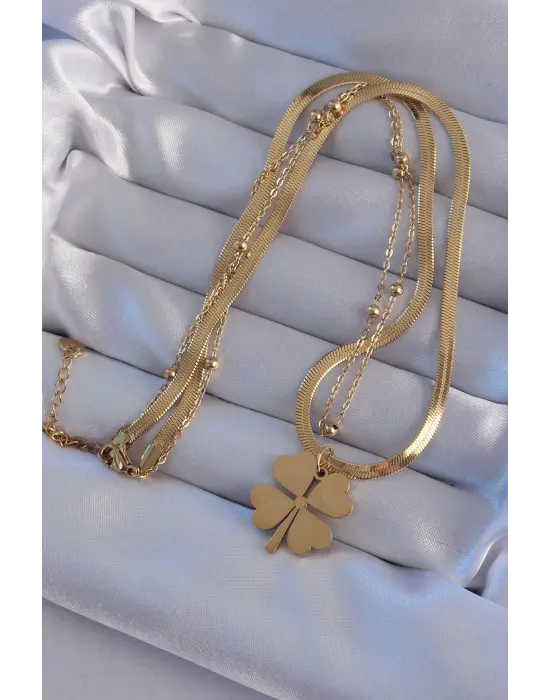  Altın  Çift Zincir Yonca Model Çelik Kolye