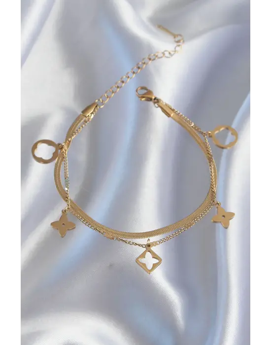 316L Çelik Gold Renk Çift Zincir Yonca Tasarım Bileklik