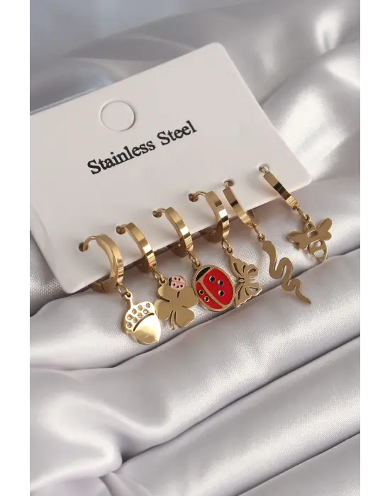   Altın Çoklu Figür Model Çelik Küpe Seti