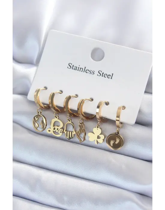   Altın Çoklu Figür Model Çelik Küpe Seti