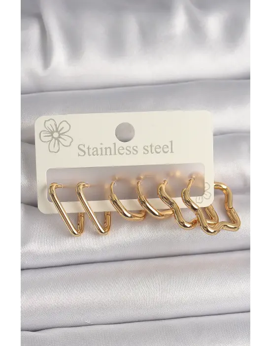   Altın Çoklu Kalp Yıldız Model Çelik Küpe Seti