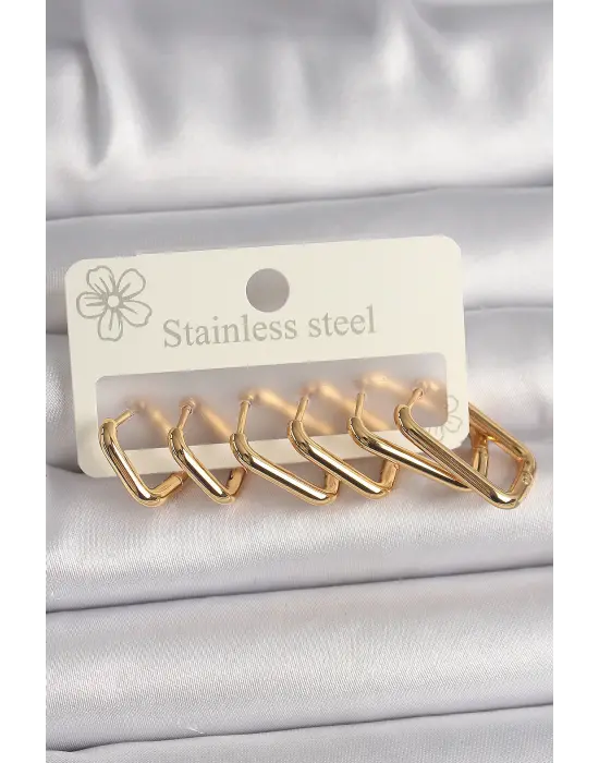   Altın Çoklu Kare Model Çelik Küpe Seti