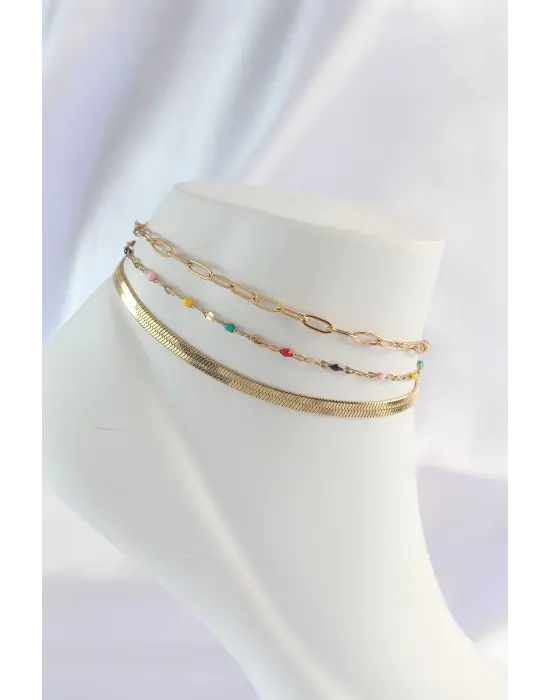 316L Çelik Gold Renk Çoklu Renkli Taş Tasarımlı Halhal