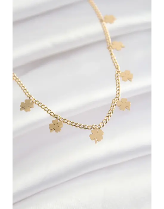  Altın  Çoklu Yonca Tasarımlı Çelik Kolye