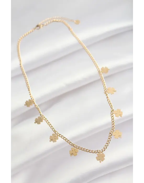  Altın  Çoklu Yonca Tasarımlı Çelik Kolye