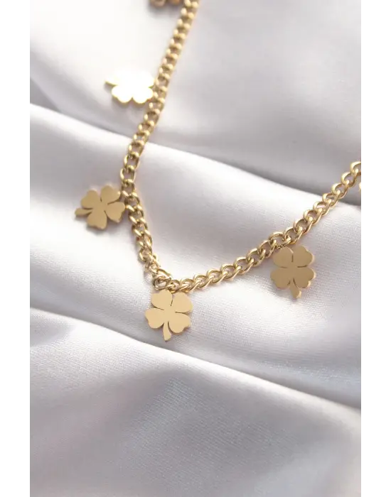  Altın  Çoklu Yonca Tasarımlı Çelik Kolye
