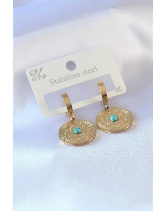 316L Çelik Gold Renk Daire Model İşleme Detay Kadın Küpe