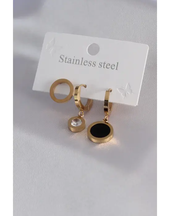 316L Çelik Gold Renk Daire Model Zirkon Taş Detay Kadın Küpe Kombini