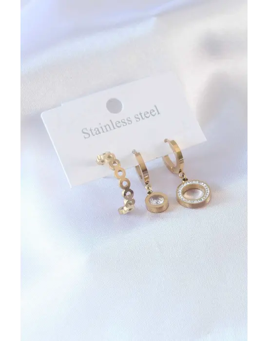 316L Çelik Gold Renk Daire Model Zirkon Taşlı Kadın Küpe